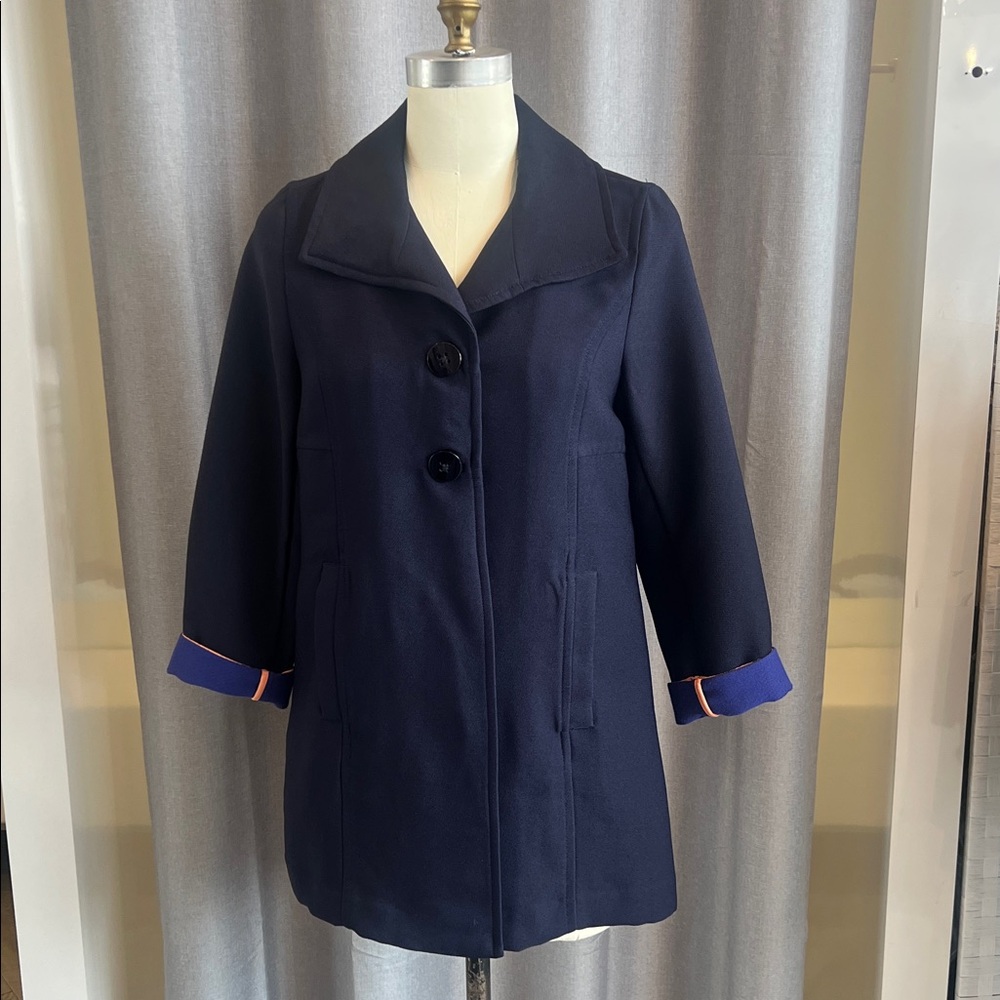 Anthropologie Navy Pea Coat - Women’s Purple & Orange Accents - NWT - Picture 1 of 16